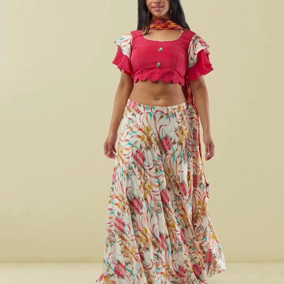 White Printed Lehenga with Pink Crop Top | Muvvas Boutique - Picture 3 of 5